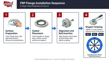 Four-stage FRP flange bolt torquing sequence with cross-pattern diagram