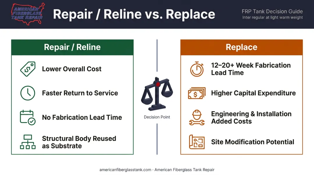 FRP tank repair versus replacement decision comparison with cost and timeline factors