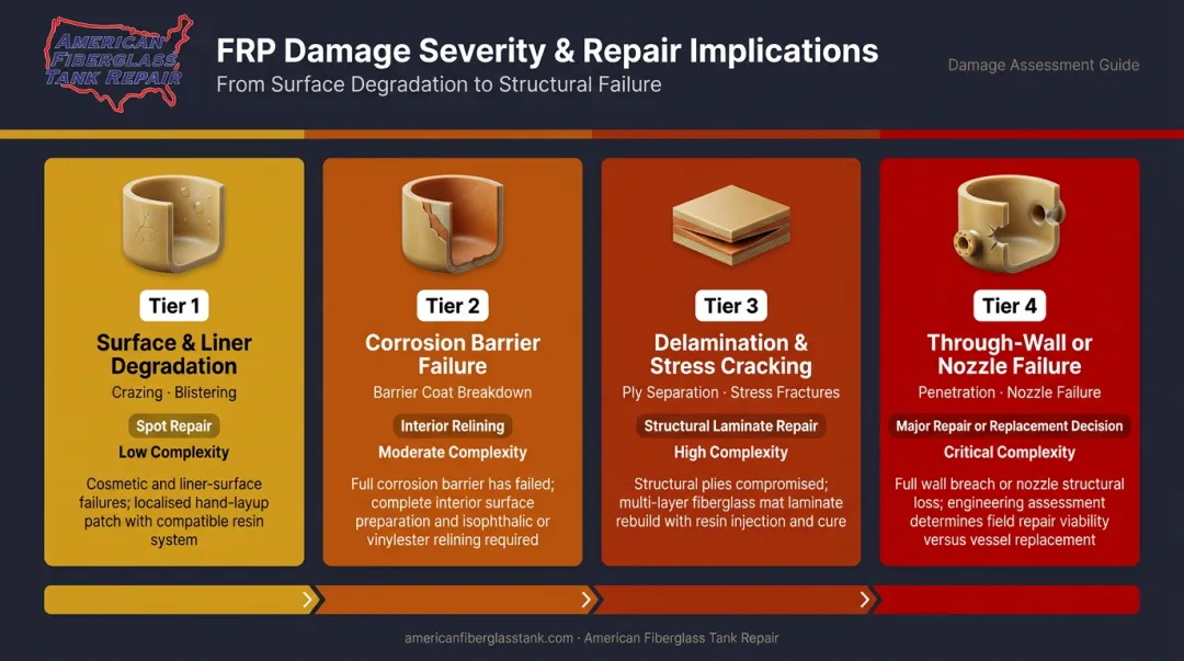 FRP tank damage severity spectrum from surface degradation to through-wall failure