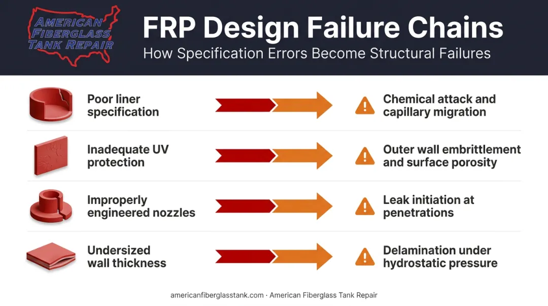 FRP tank design failure modes and degradation causes consequence chain infographic
