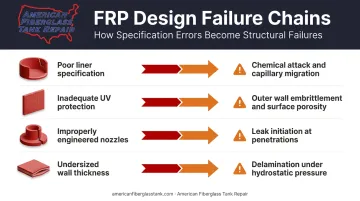 FRP tank design failure modes and degradation causes consequence chain infographic