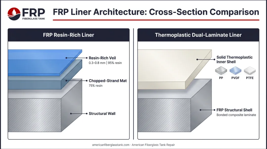 FRP resin-rich liner versus thermoplastic dual-laminate construction cross-section comparison