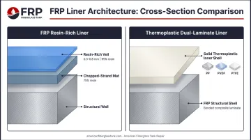 FRP resin-rich liner versus thermoplastic dual-laminate construction cross-section comparison