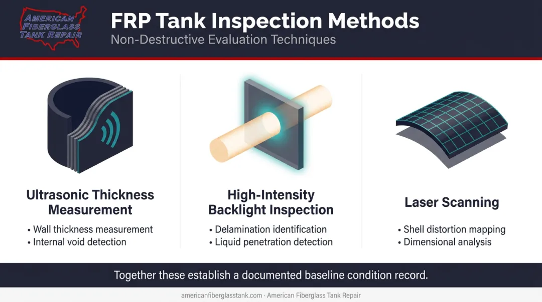 Three FRP tank laminate inspection methods ultrasonic backlight and laser scanning overview
