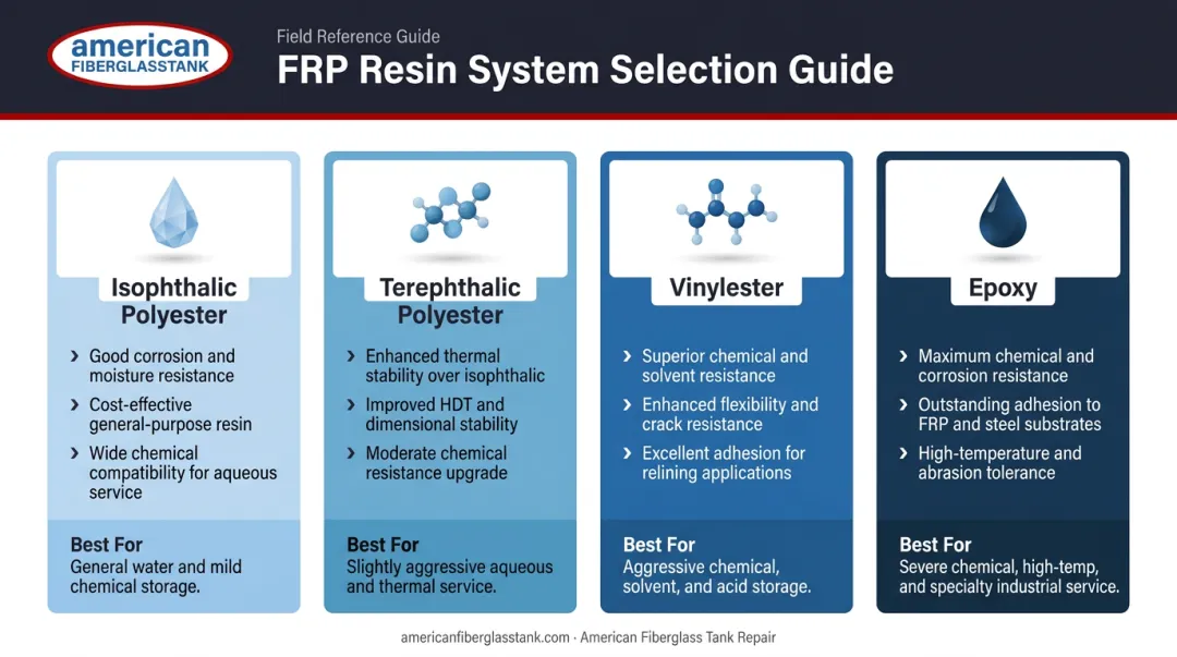 Four FRP resin systems comparison chart chemical resistance and industrial applications