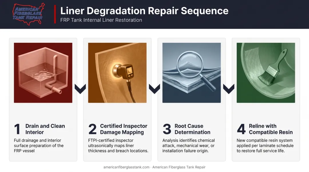 Four-step FRP internal liner degradation diagnosis and repair process flow