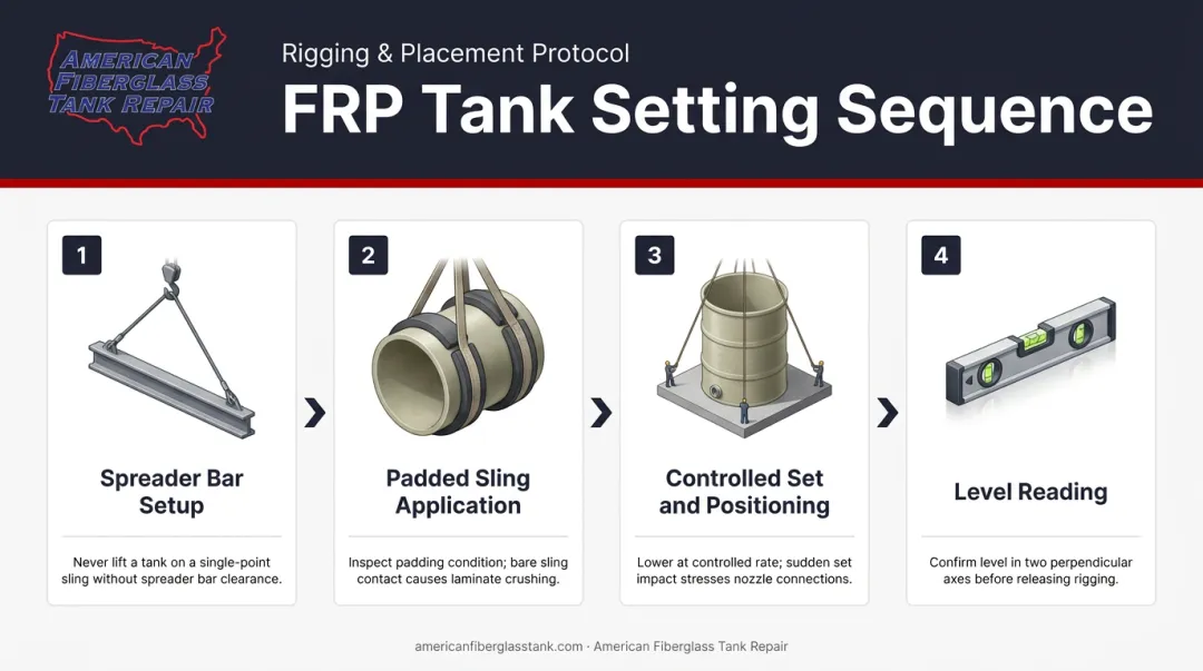 Four-step FRP tank rigging and setting process flow diagram with safety guidelines