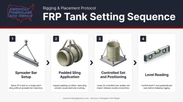 Four-step FRP tank rigging and setting process flow diagram with safety guidelines