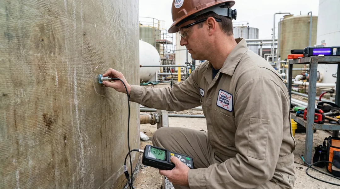 FRP tank inspector performing ultrasonic thickness testing on industrial tank wall