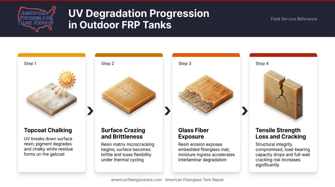 Four-step UV degradation sequence showing FRP tank exterior resin breakdown over time
