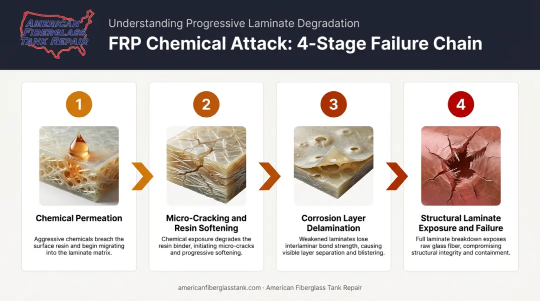 Four-stage FRP tank chemical attack progression from permeation to structural failure