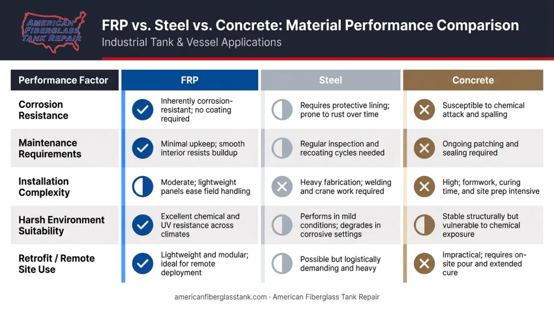 FRP versus steel versus concrete fire water tank comparison infographic five factors