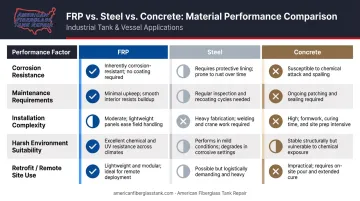 FRP versus steel versus concrete fire water tank comparison infographic five factors