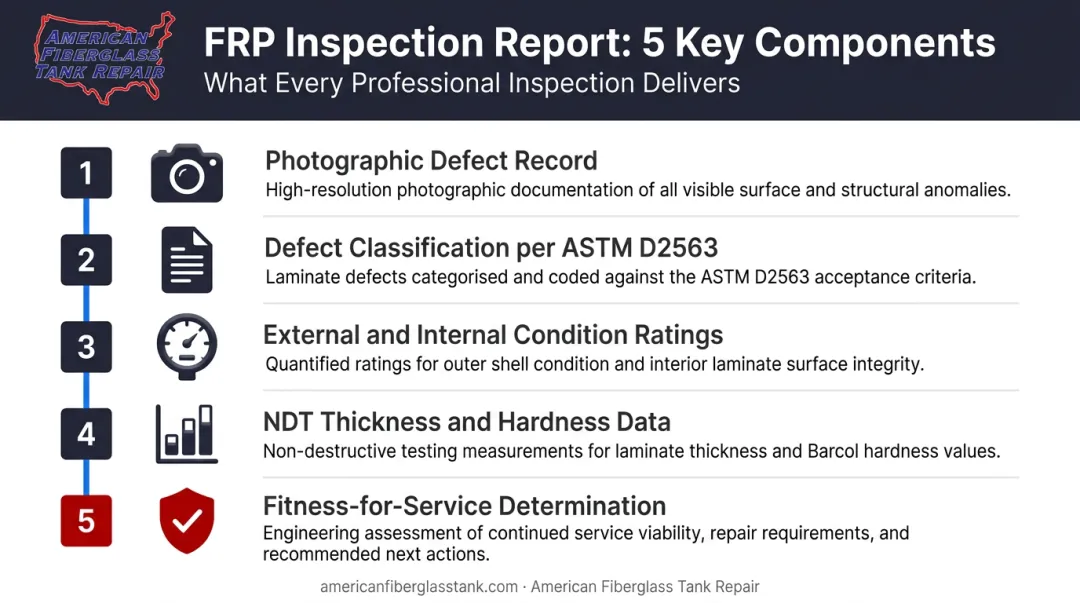 FRP tank inspection report components fitness-for-service determination checklist infographic