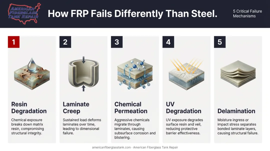 Five FRP tank failure mechanisms comparison infographic with icons