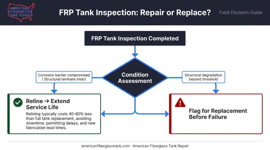 FRP aging tank inspection decision flowchart showing reline versus replace outcome paths