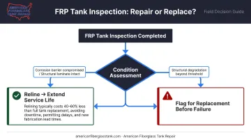 FRP aging tank inspection decision flowchart showing reline versus replace outcome paths