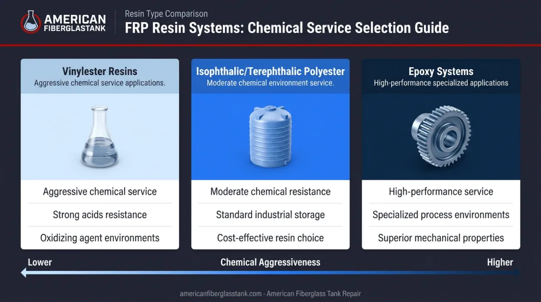 Three FRP resin types comparison chart showing chemical resistance and application suitability