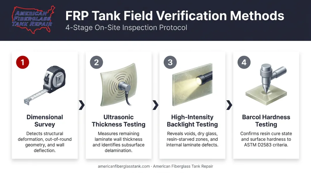 Four FRP tank field verification methods process flow infographic