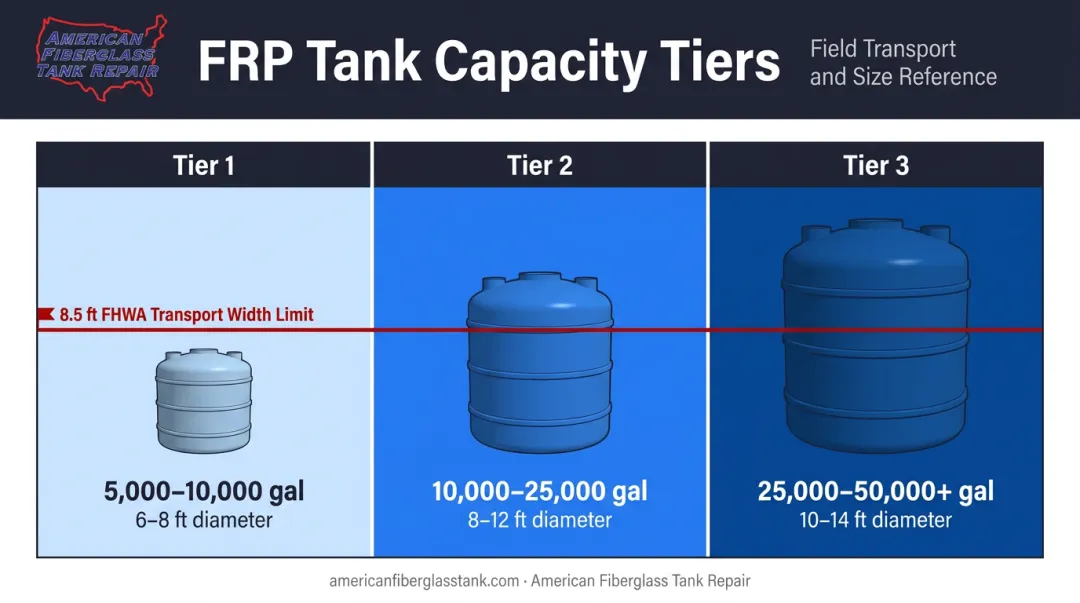 FRP tank capacity versus diameter size range comparison chart