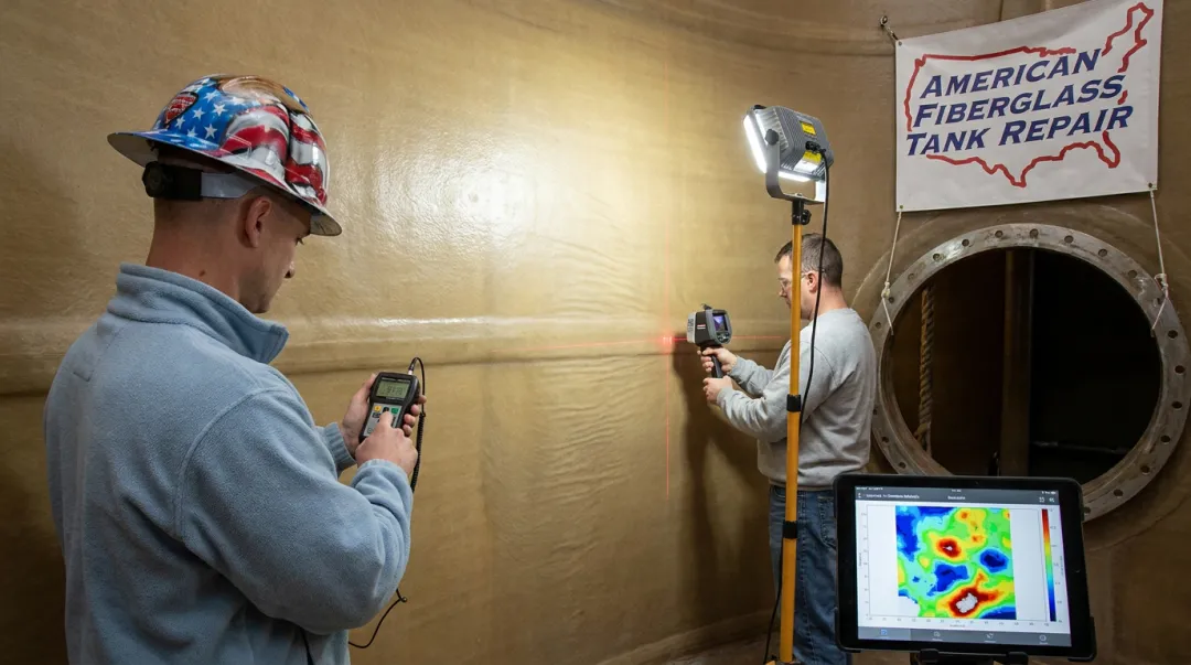 FRP tank lining inspection using ultrasonic and backlight testing equipment on tank interior