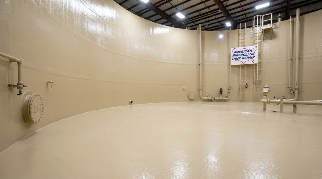 FRP-lined chemical storage tank interior after professional relining and restoration service