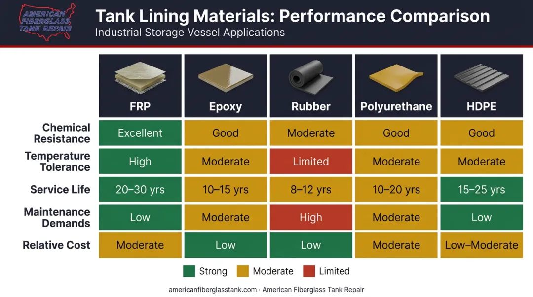 Five tank lining materials comparison chart covering chemical resistance temperature and cost