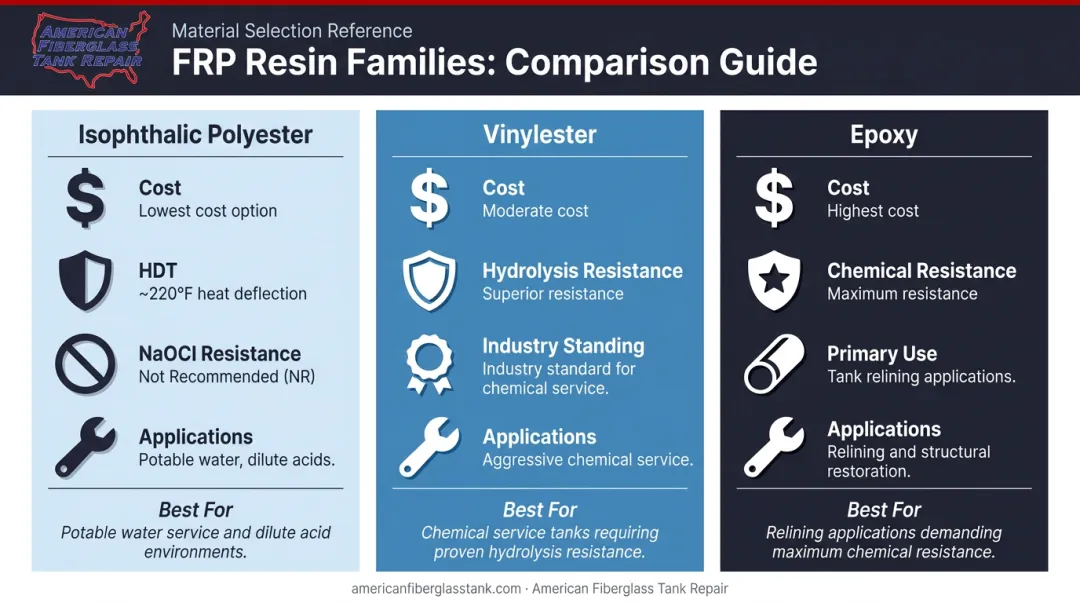 Three FRP resin types comparison chart polyester vinylester and epoxy properties