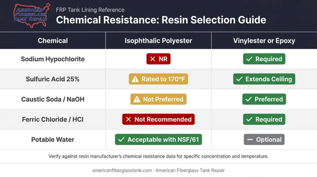 Common industrial chemicals mapped to recommended FRP resin selection guide