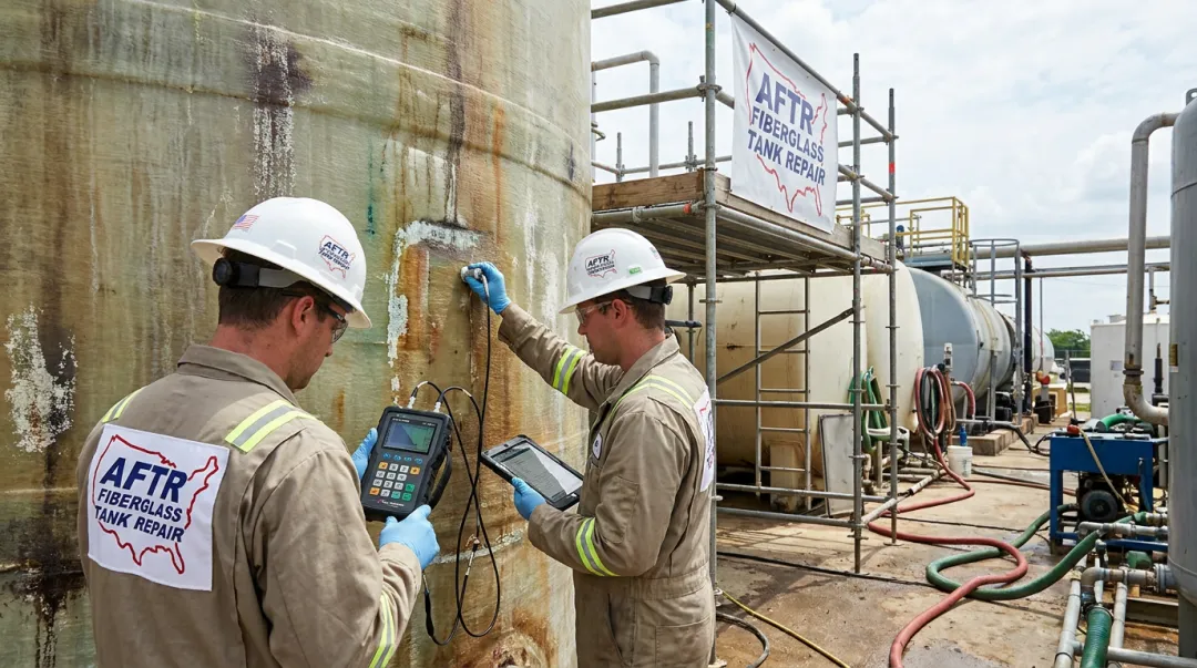 FTPI-certified inspector performing ultrasonic testing on FRP storage vessel interior