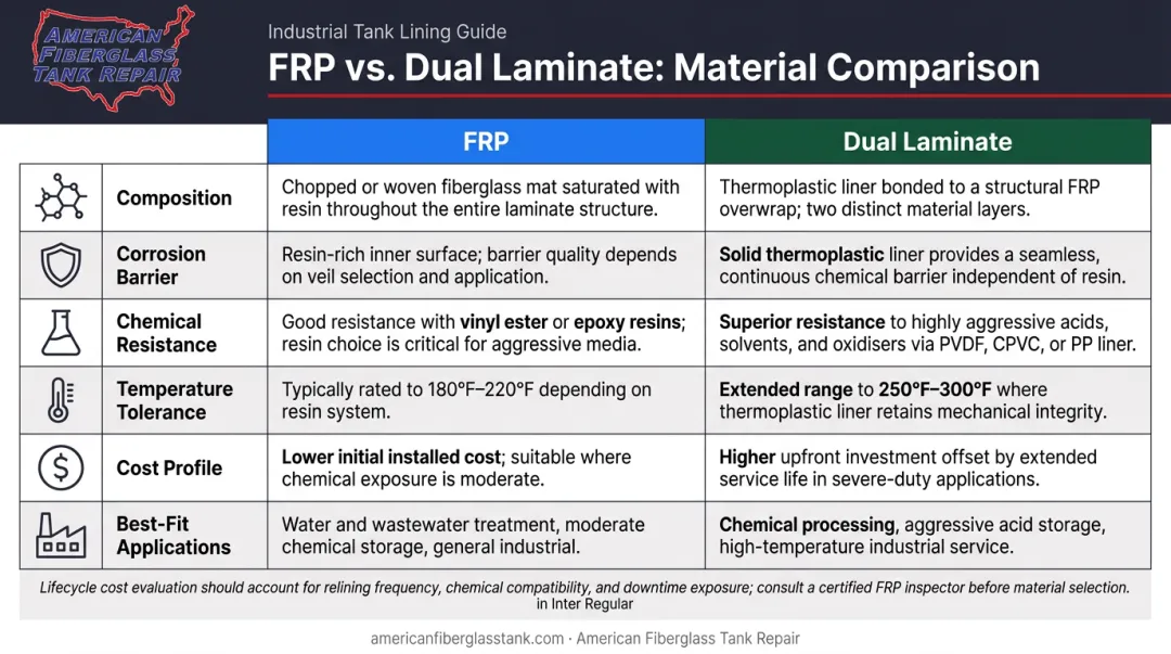 FRP versus dual laminate side-by-side comparison across eight performance dimensions