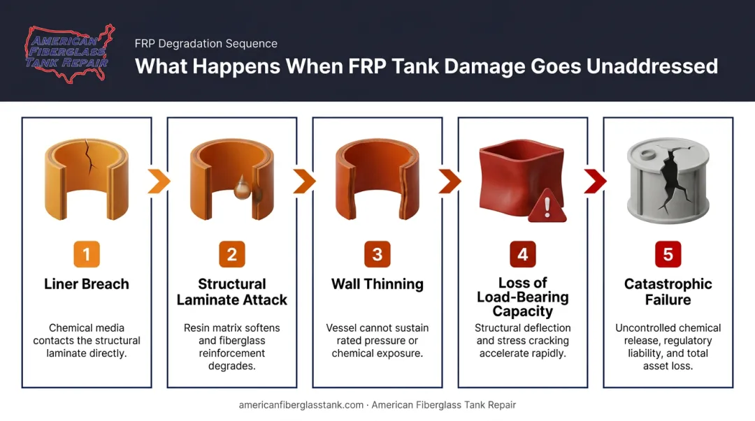 FRP tank failure progression sequence from liner breach to catastrophic structural failure