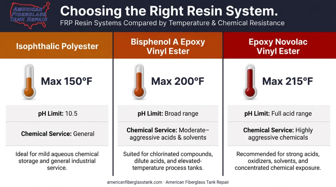 FRP resin type chemical resistance temperature ratings comparison infographic