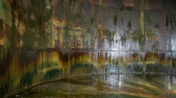 Wastewater treatment FRP tank interior showing microbial biofilm and liner degradation