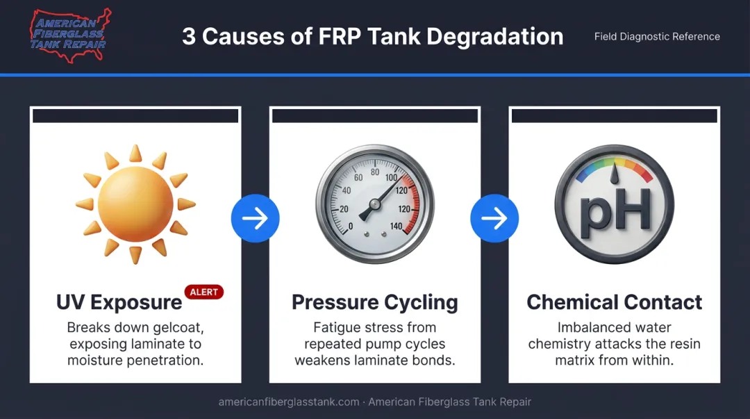 Three main causes of fiberglass pool filter tank degradation infographic