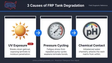 Three main causes of fiberglass pool filter tank degradation infographic
