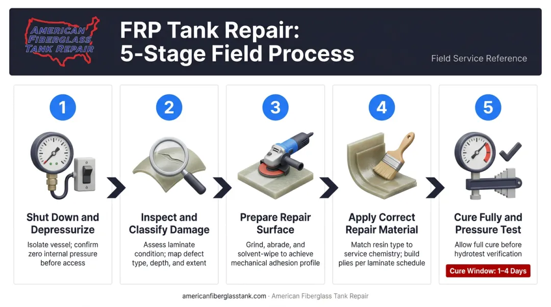 Five-step fiberglass pool filter tank repair process flow infographic