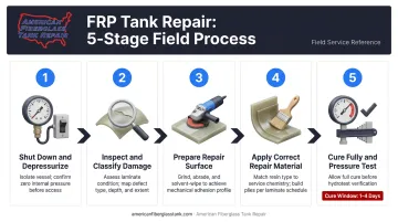 Five-step fiberglass pool filter tank repair process flow infographic