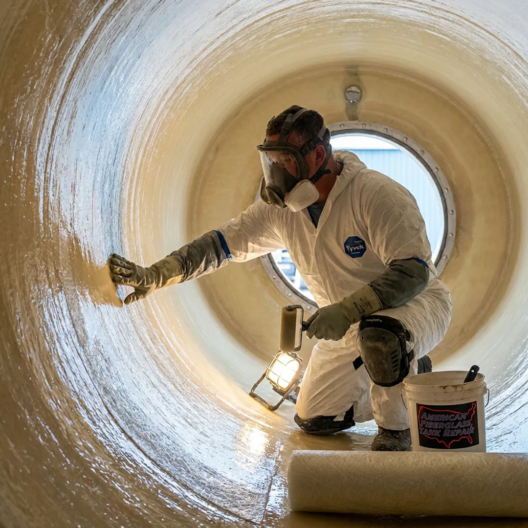 Technician inspecting FRP tank trailer lining