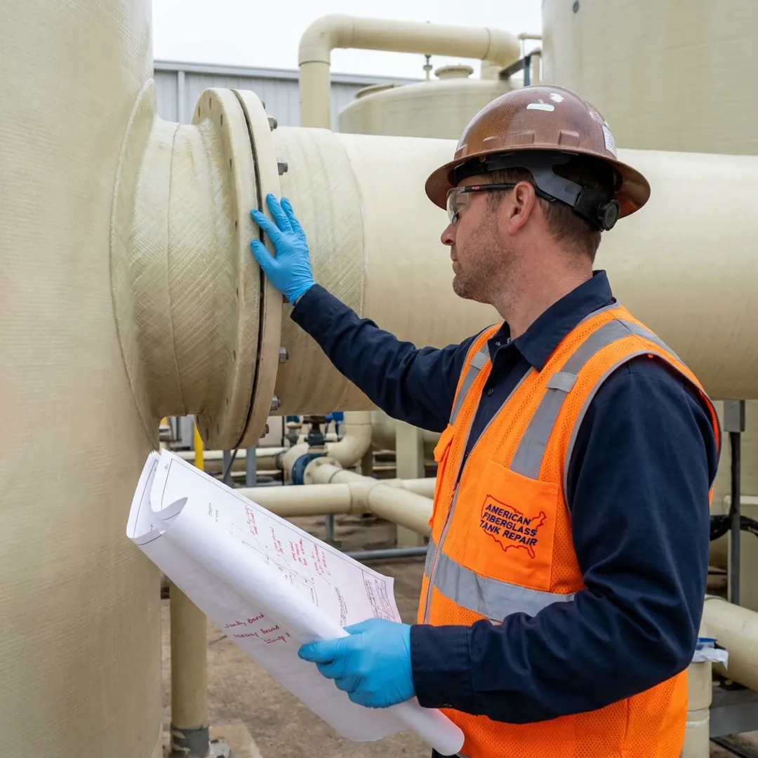 Composite engineer inspecting FRP scrubber ductwork