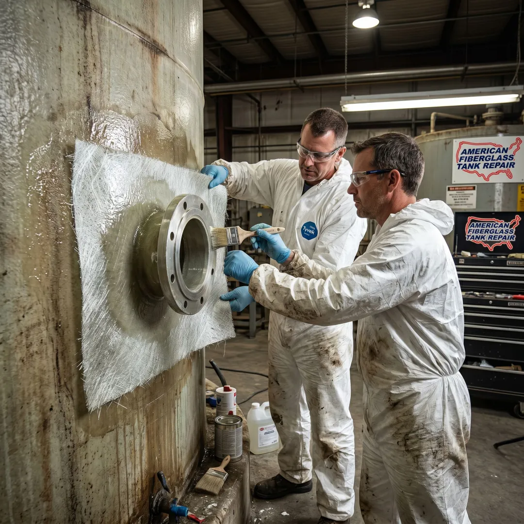 FRP nozzle repair process on industrial tank