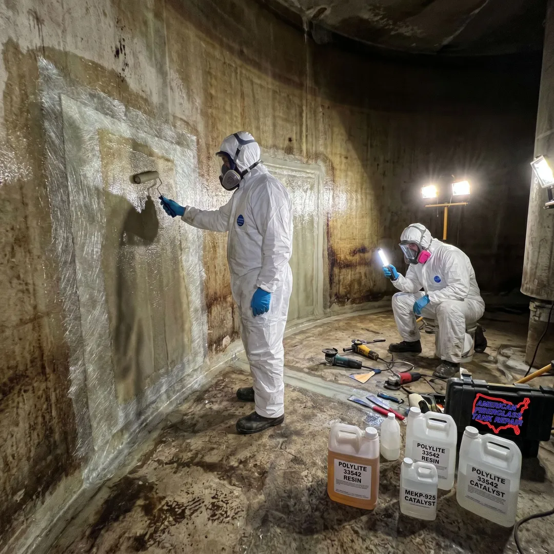 FRP tank repair crew inspecting a wastewater vessel