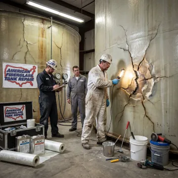 Technician inspecting emergency FRP tank damage