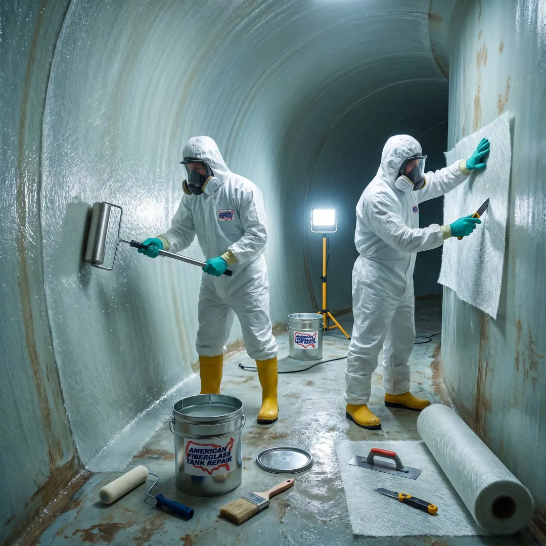 FRP tank repair crew preparing a water tank lining