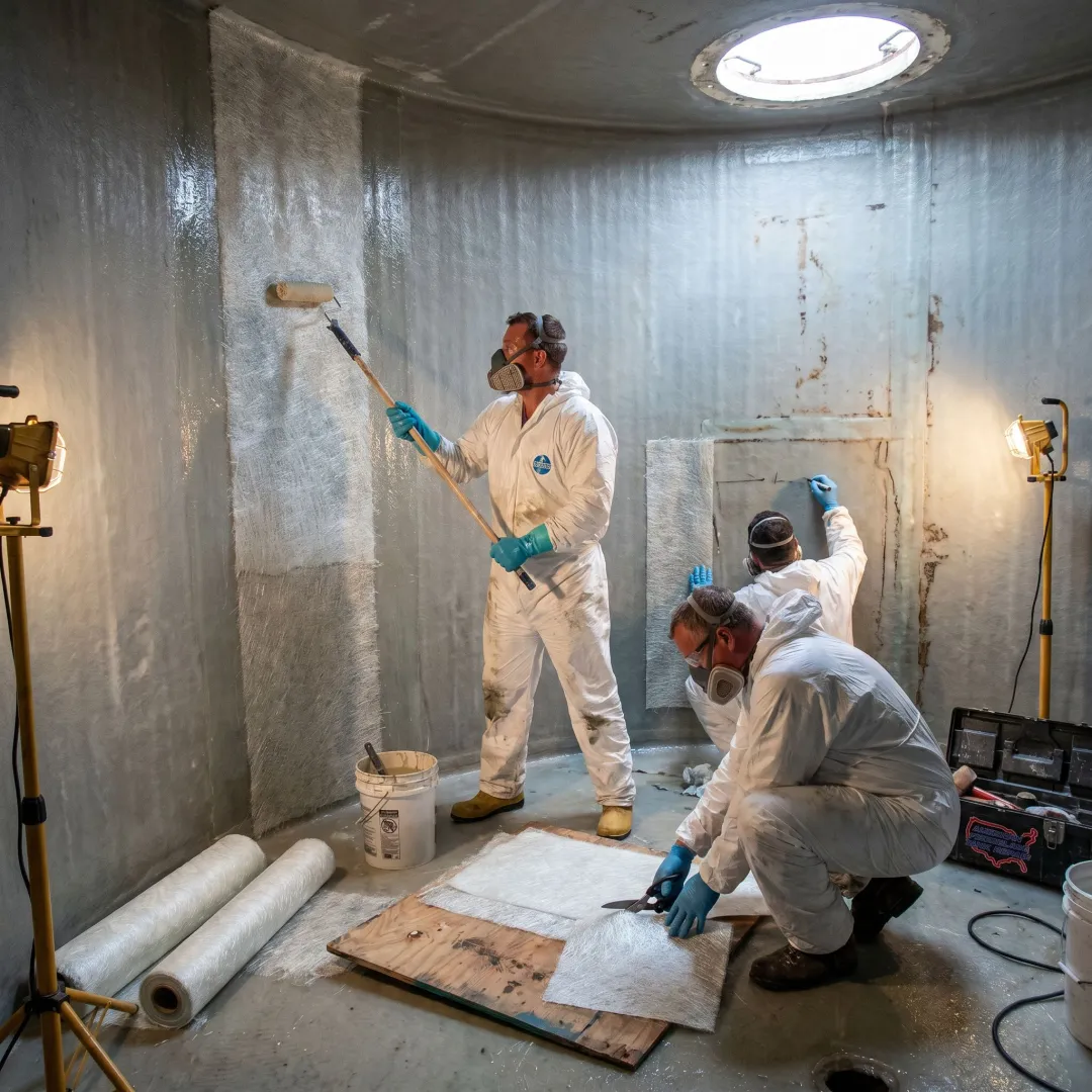 Composite repair crew relining an FRP tank