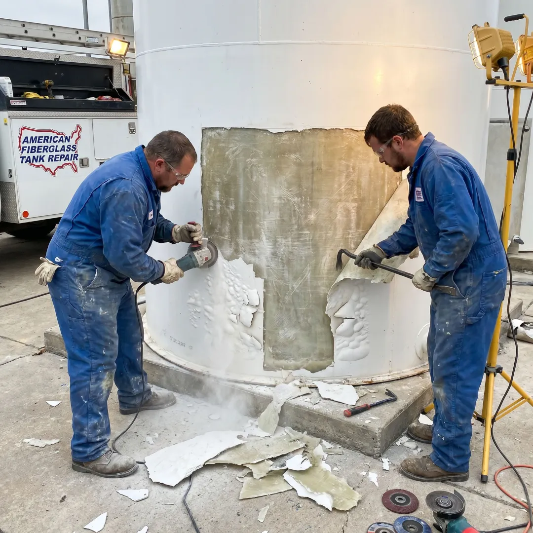 Field crew repairing an FRP tank heating panel