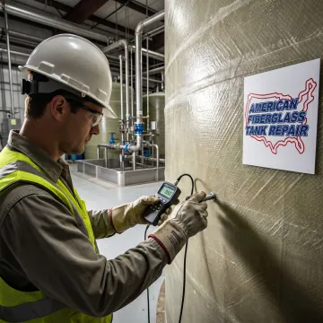 FRP tank inspection technician assessing a fiberglass storage tank