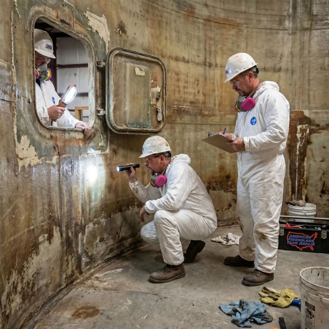 FRP tank repair crew inspecting a storage tank