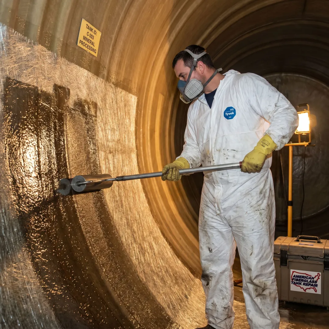 Technician repairing fiberglass tank lining