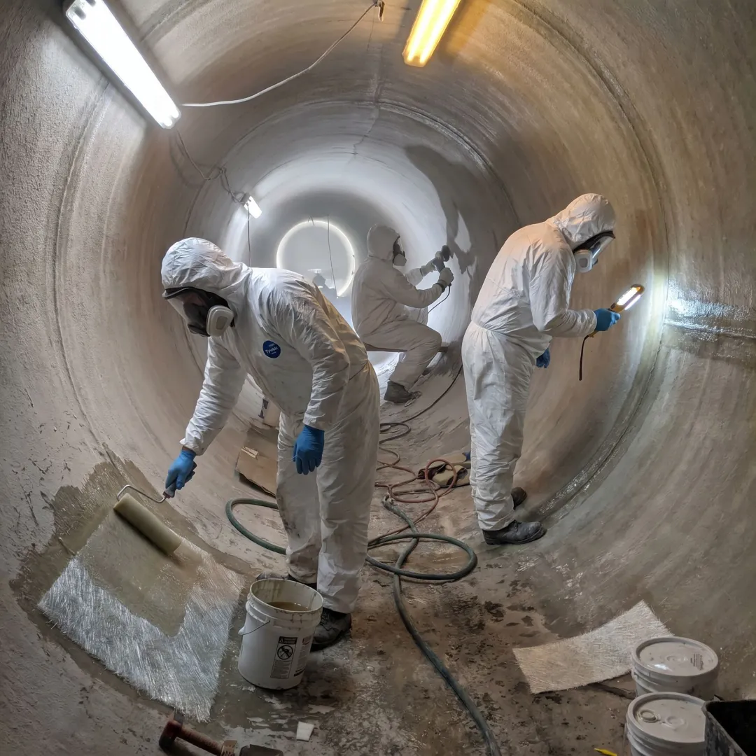 FRP repair crew inspecting a fiberglass vessel